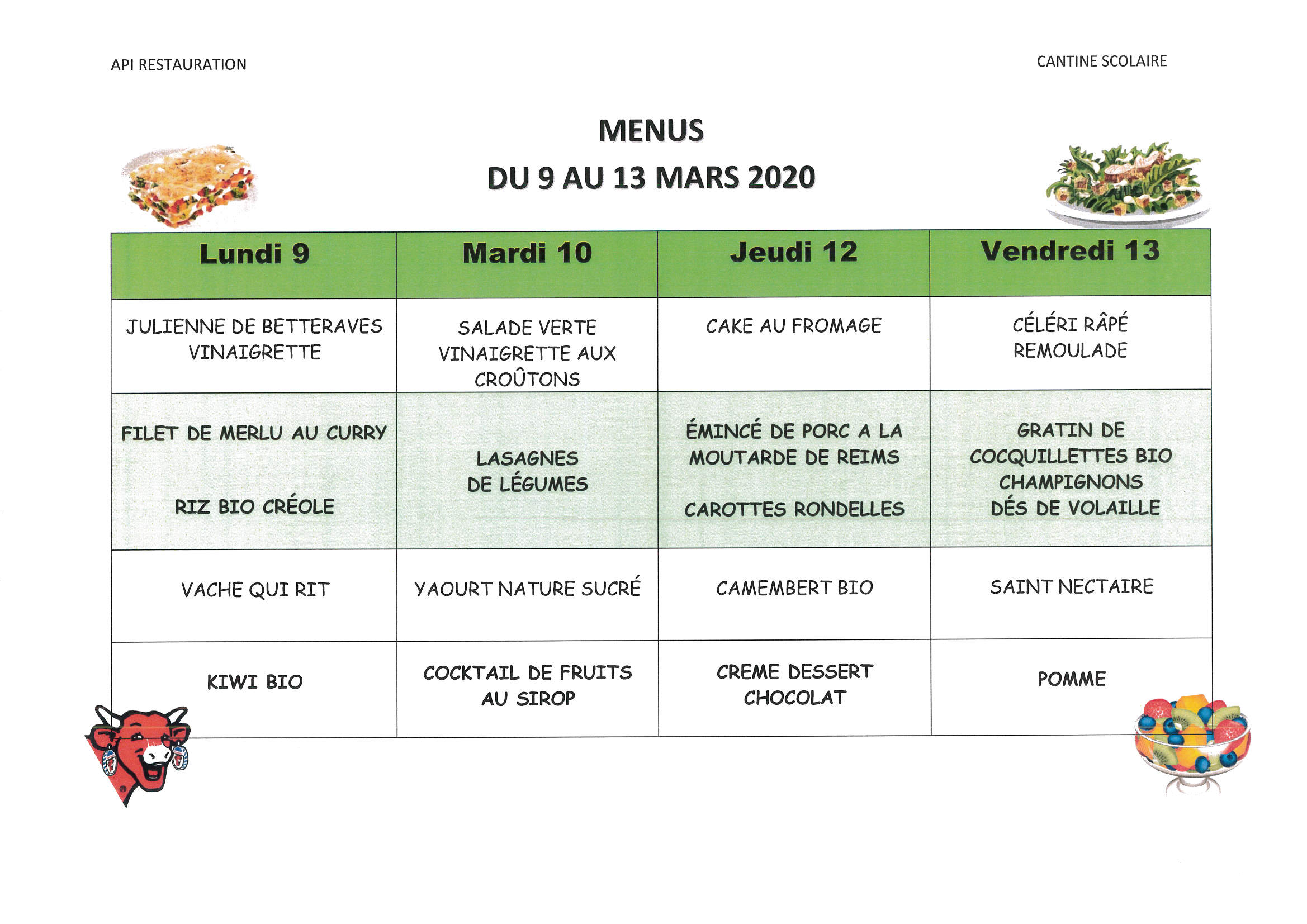 Menu cantine scolaire - Rocroi ville