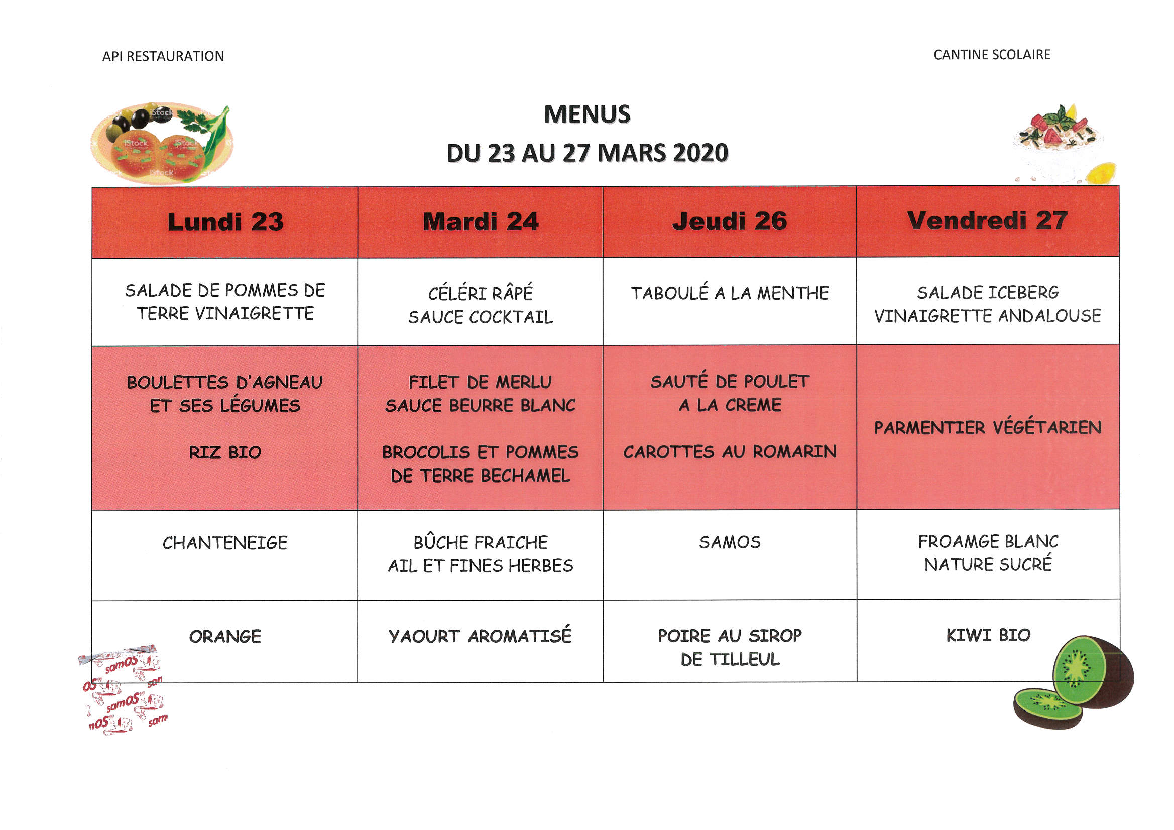 Menu cantine scolaire - Rocroi ville